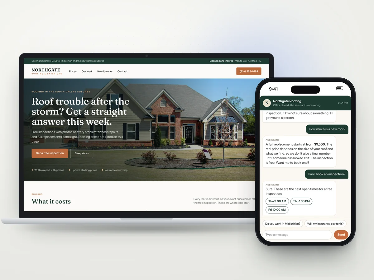 A sample roofing website on a laptop and its AI assistant answering a customer on a phone