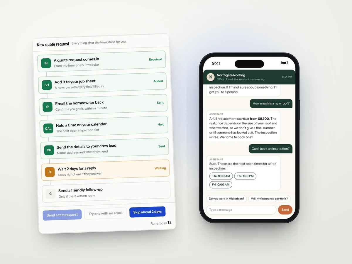 An automated quote-handling workflow beside a phone showing the AI assistant
