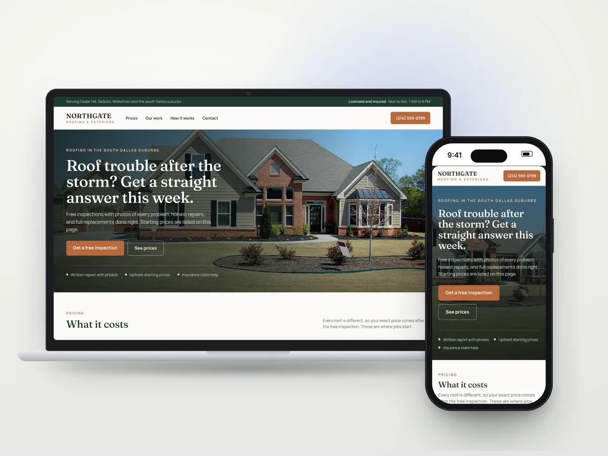 The same roofing website shown on a laptop and a phone