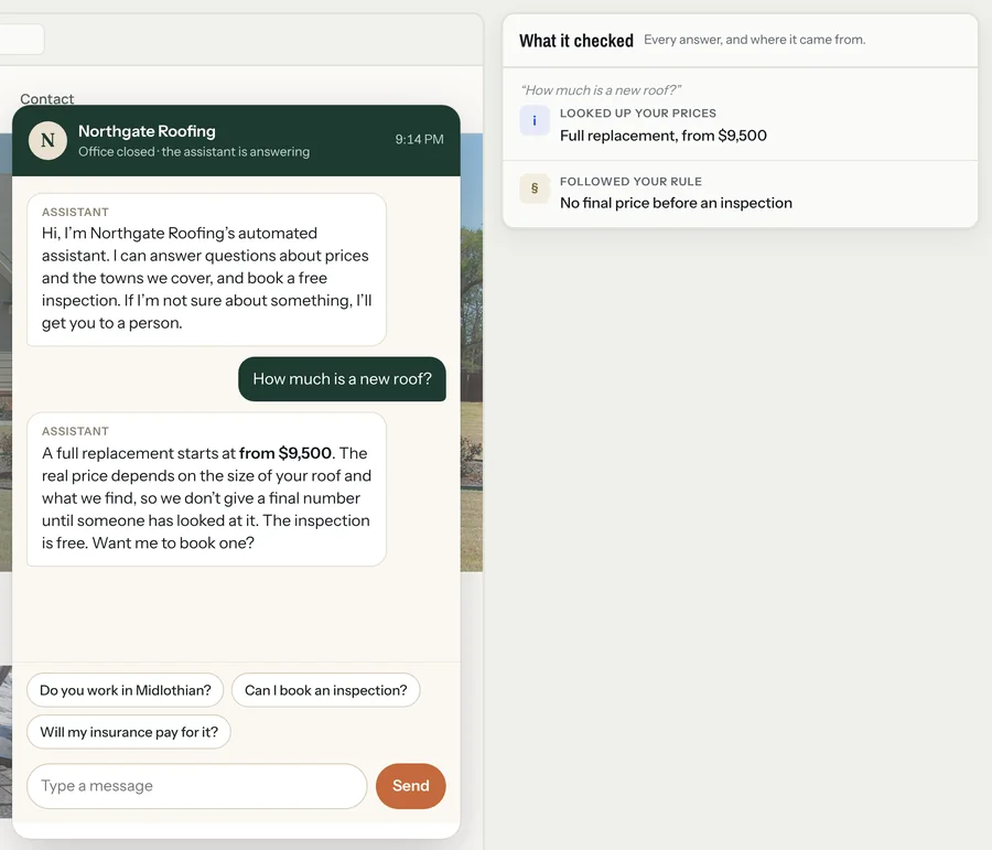 Website chat answering a price question, with a panel listing what it checked