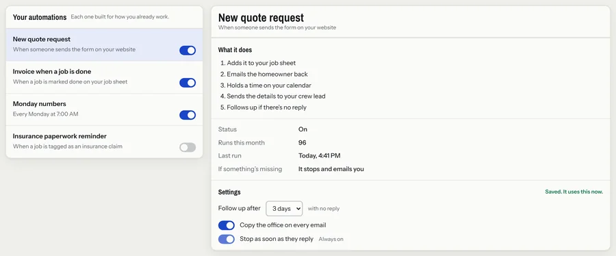 List of automations with switches and settings