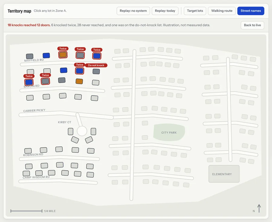 Illustration of overlapping knocks on a neighborhood map
