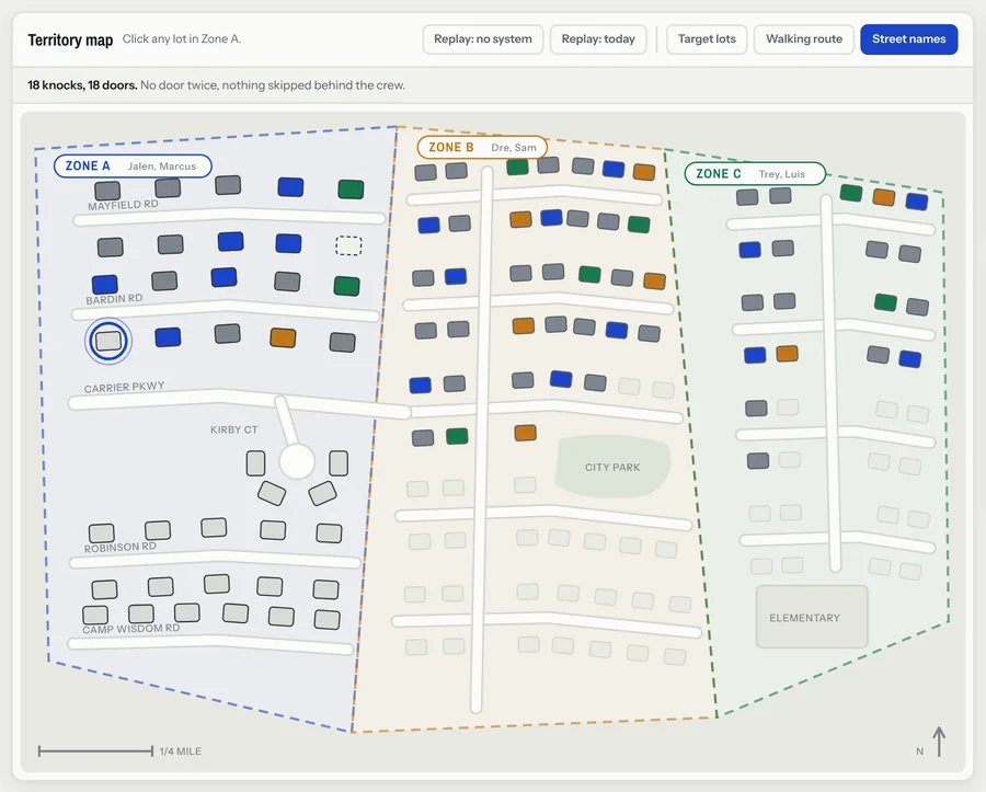 Neighborhood map split into three crew zones with knock results